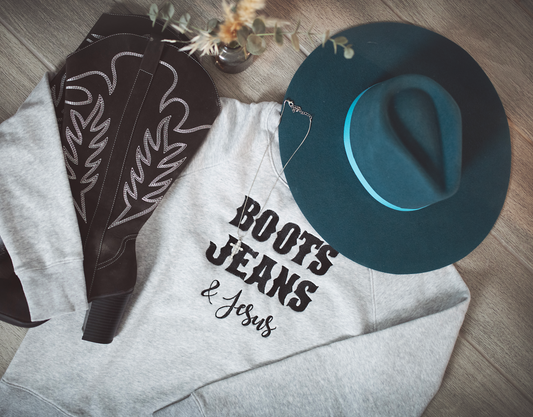 Boots, Jeans and Jesus Crewneck Fleece